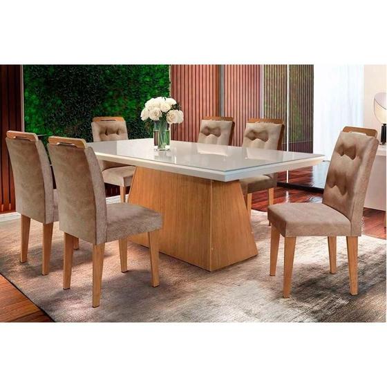 Imagem de Conjunto: Mesa Sala Jantar Luna c/ Tampo de Vidro Canto Curvo 180x90cm e 6 cadeiras Imperatriz Imbuia/Off White - Suede Capuccino - Rufato