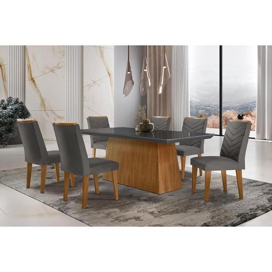 Imagem de Conjunto: Mesa Sala Jantar Luna c/ Tampo de Vidro Canto Curvo 180x90cm e 6 cadeiras Londrina Imbuia/Grafite - Suede Grafite - Rufato