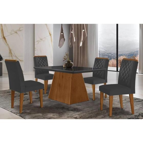 Imagem de Conjunto: Mesa Sala Jantar Luna c/ Tampo Madeirado c/ Vidro Canto Curvo 120x80cm e 4 cadeiras Jade Imbuia/Grafite - Suede Grafite - Rufato