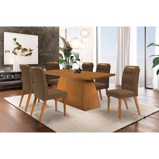 Imagem de Conjunto: Mesa Sala Jantar Luna c/ Tampo Madeirado Canto Curvo 180x90cm e 6 cadeiras Imperatriz Imbuia/Suede Capuccino - Rufato
