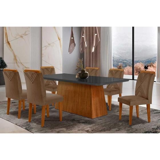 Imagem de Conjunto: Mesa Sala Jantar Luna Tampo Madeirado c/ Vidro Canto Reto 180x90 e 6 Cadeiras Amsterdã Imbuia/Suede Capuccino - Rufato