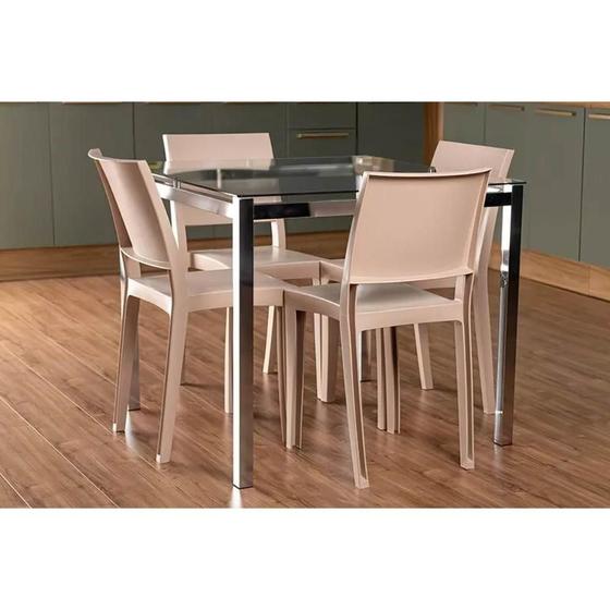 Imagem de Conjunto: Mesa Sala Jantar Reno c/ Tampo de Vidro 90x90cm e 4 Cadeiras Hydra Plus Cromada - Capuccino - Kappesberg