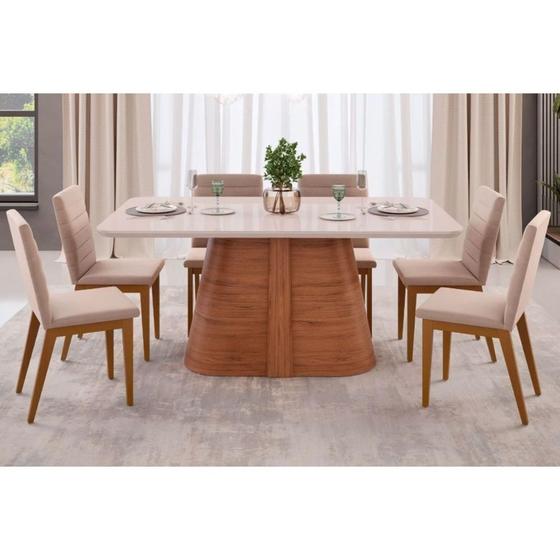 Imagem de Conjunto: Mesa Sala Jantar Ryze Tampo Madeirado c/ Vidro Curvo 180x100cm e 6 Cadeiras Sofia Freijo/Off White - Ipe/Suede Creme - DJ Móveis