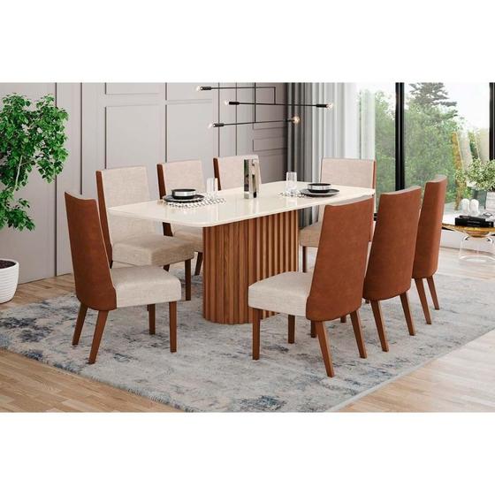 Imagem de Conjunto: Mesa Sala Jantar Solana SC66 Tampo Madeirado c/ Vidro Canto Curvo 200x90cm e 8 Cadeiras Anne Nature/Courano/Linho - Henn