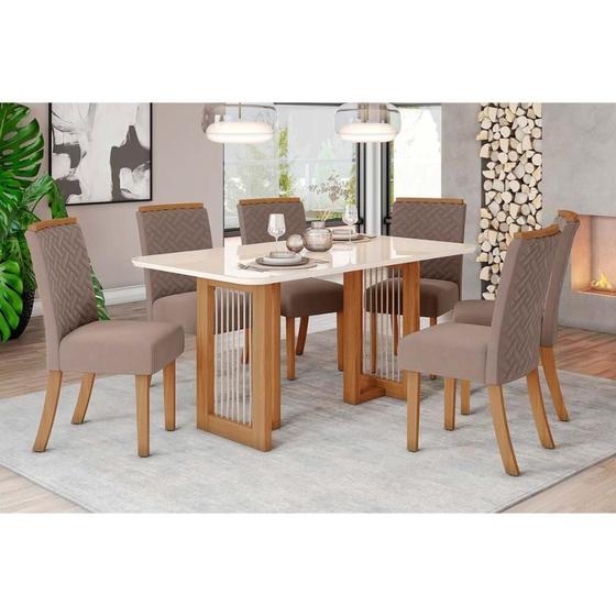 Imagem de Conjunto: Mesa Sala Jantar Yara c/ Tampo Madeirado c/ Vidro Curvo 160x90cm e 6 Cadeiras Malu Nature/Suede Light Marrom Amendoa - Henn