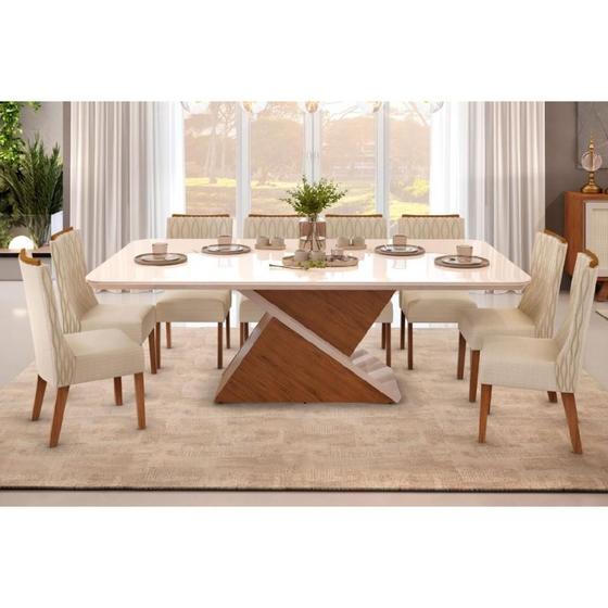 Imagem de Conjunto: Mesa Sala Jantar Zafira Tampo Madeirado c/ Vidro Curvo 200x100cm e 8 Cadeiras Jade Freijo/Off White - Linho Neve - DJ Móveis