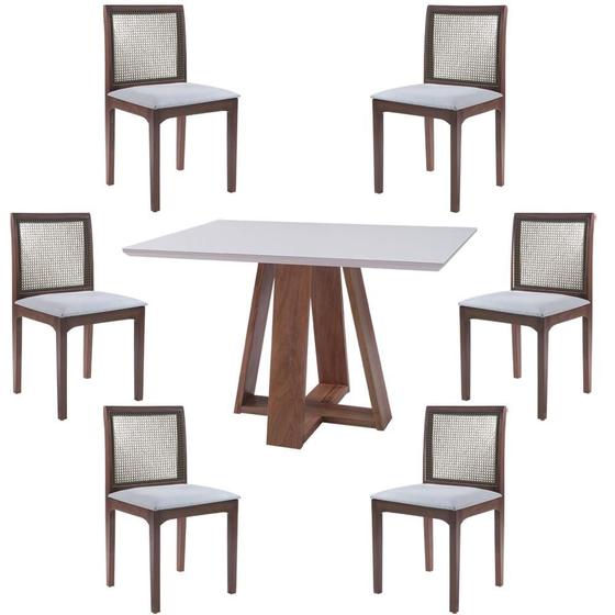 Imagem de Conjunto Mesa Shell com Tampo de Vidro 160x90 cm e 6 Cadeiras Steve Amêndoa G55 - Gran Belo