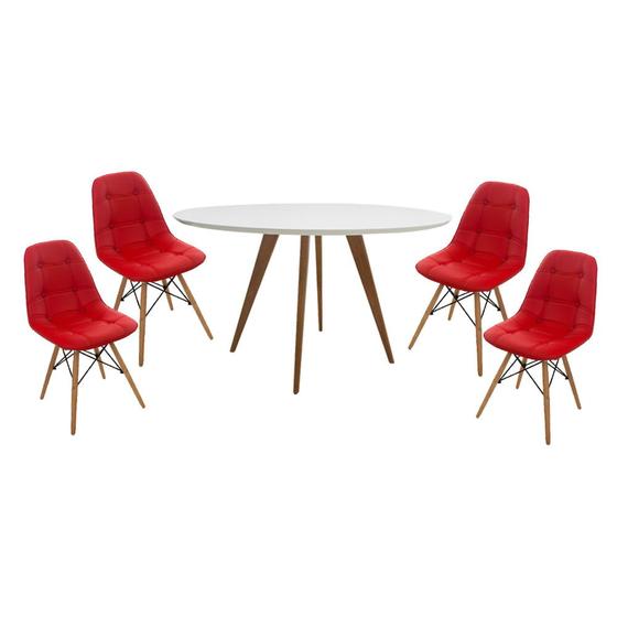 Imagem de Conjunto Mesa Square Redonda Branco Fosco 1,08m com 4 Cadeiras Eiffel Botonê - Vermelho