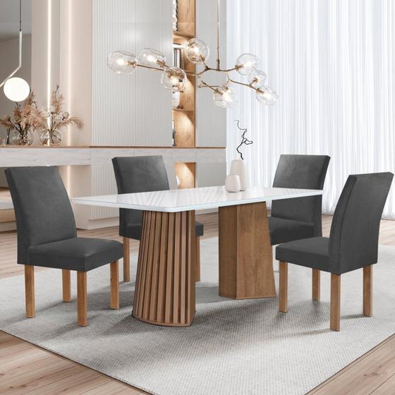 Imagem de Conjunto Mesa Stella Ripada 120cm com 4 Cadeiras Canela Tampo Smart Plus com Vidro