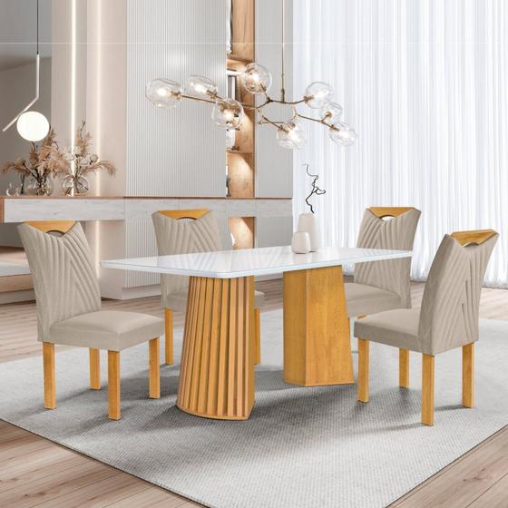 Imagem de Conjunto Mesa Stella Ripada 120cm com 4 Cadeiras Stella Tampo Smart Plus com Vidro