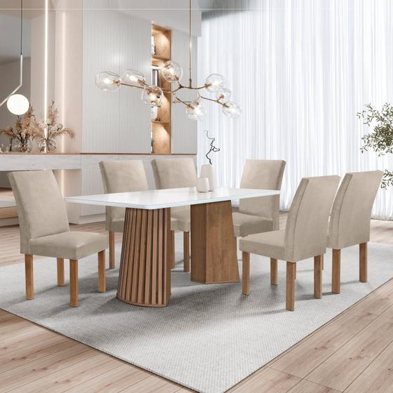 Imagem de Conjunto Mesa Stella Ripada 170cm com 6 Cadeiras Canela Tampo Smart Plus com Vidro Chocolate/Off White/Boucle Bege