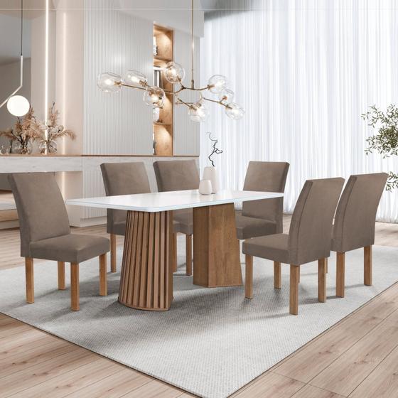 Imagem de Conjunto Mesa Stella Ripada 170cm com 6 Cadeiras Canela Tampo Smart Plus com Vidro Chocolate/Off White/Veludo Bege Escuro