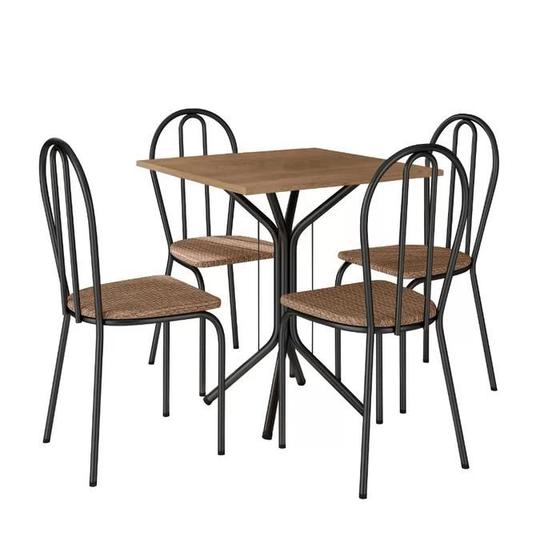 Imagem de Conjunto Mesa Thais Preto Fosco 91Cm 4 Cadeiras Assento Rattan Tampo Madeira - Artefamol