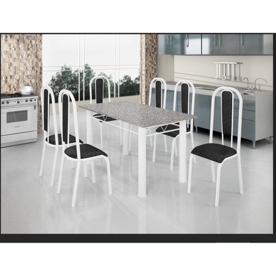 Imagem de Conjunto Mesa Tubular com 6 Cadeiras Atenas Tubos Brancos/Estofados preto/Tampo granito Ocre