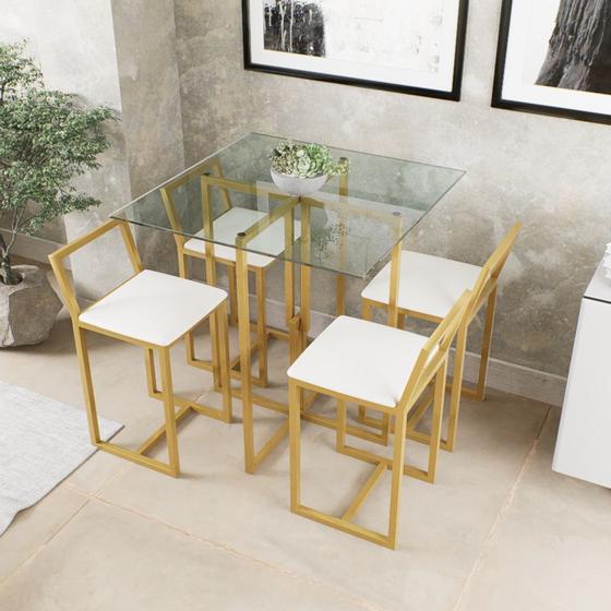 Imagem de Conjunto Mesa Vidro 4 Cadeiras Pequena Estofado Industrial Dourado