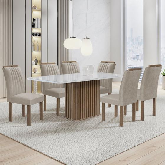 Imagem de Conjunto Mesa Zara 170cm com 6 Cadeiras Arizona Tampo Smart Plus com Vidro Chocolate/Off White/Veludo Claro