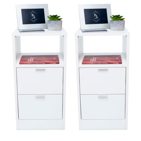 Imagem de Conjunto Mesas de Cabeceira 30cm Branco Estilo Cômoda com 2 Gavetas e 1 Nicho Para Quarto Lateral da Cama