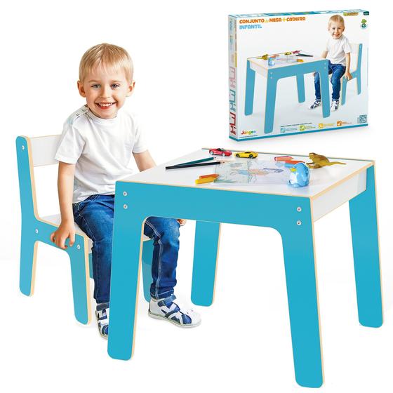 Imagem de Conjunto Mesinha de Atividades Mesa Didática Infantil Em Madeira Com 1 Cadeiras Banqueta Fantasia - Azul