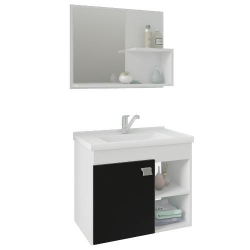 Imagem de Conjunto MGM Kit Lótus Armário Com Cuba Espelheira 55cm 100% MDF 1 Compartimento Cor Branco/Preto