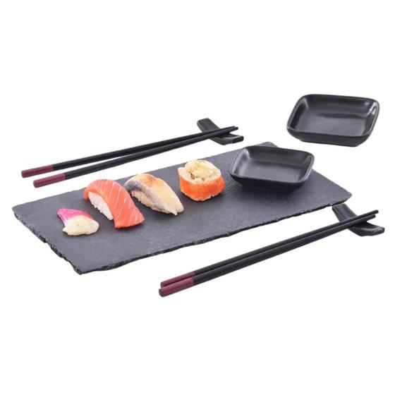 Imagem de Conjunto Moderno Romântico Para Sushi Tabua De Ardósia Molheira, Porta Hashi Em Cerâmica E Pares De Hashis