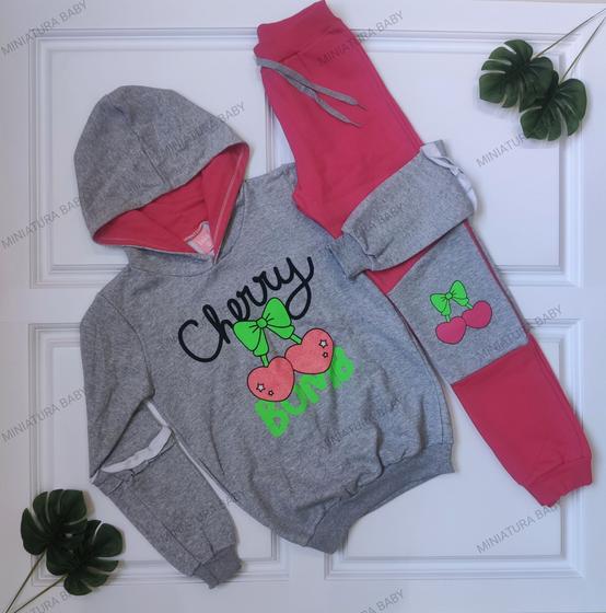 Imagem de Conjunto Moletom com Capuz Infantil Juvenil Flanelado Inverno Frio Cinza com Rosa