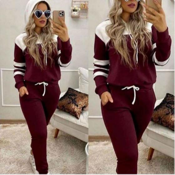 Imagem de Conjunto Moletom Feminino Inverno Frio Malha Crepe com Capuz Marsala M G e GG