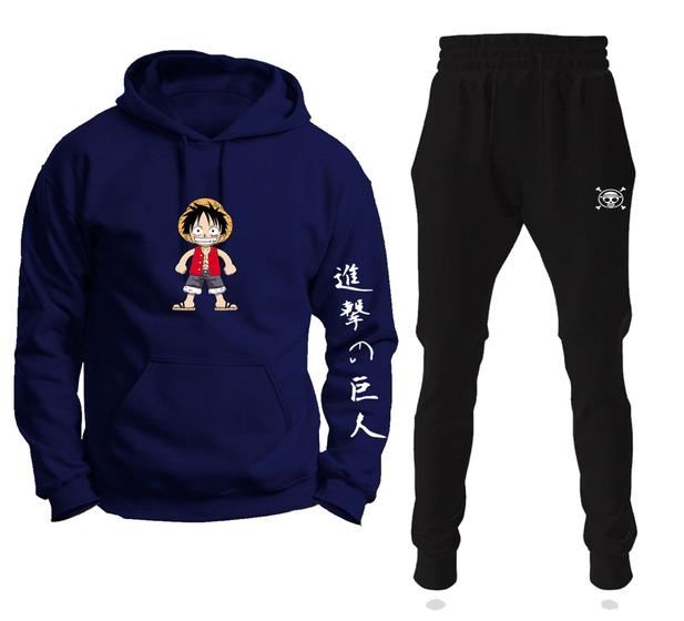 Imagem de Conjunto Moletom Infantil e Adulto Monkey Luffy One Piece Boy com Capuz Blusa + Calça - Azul