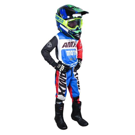 Imagem de Conjunto  Motocross Trilha AMX Prime Moto Infantil - Azul Branco Vermelho