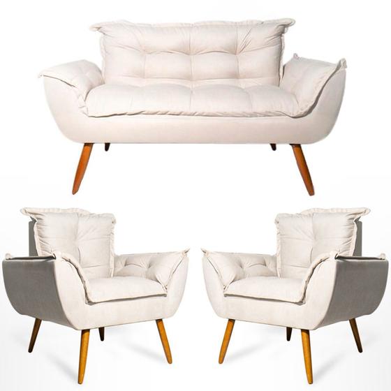 Imagem de Conjunto Namoradeira Decorativa e 2 Poltronas Opala Pés Palito Suede Bege Web Shop Moveis