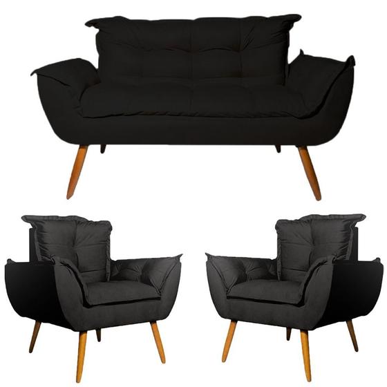 Imagem de Conjunto Namoradeira Decorativa e 2 Poltronas Opala Pés Palito Suede Preto Web Shop Moveis