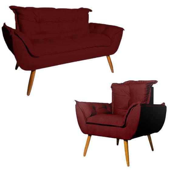 Imagem de Conjunto Namoradeira Decorativa e Poltronas Opala Pés Palito Suede Bordo Web Shop Moveis