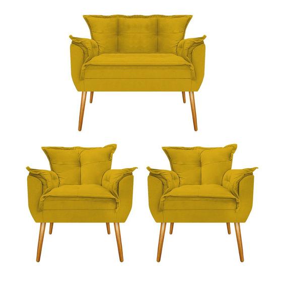 Imagem de Conjunto Namoradeira e 2 Poltronas Decorativas Apolo Pés Palito Mel material sintético Amarelo