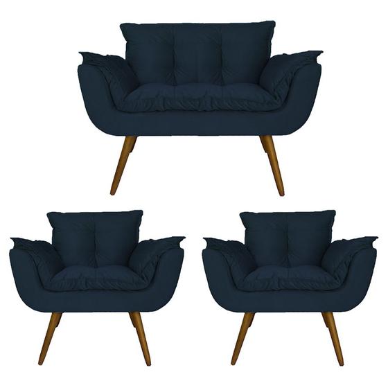 Imagem de Conjunto Namoradeira e 2 Poltronas Estofadas Hall de Entrada Opala Suede Azul Marinho - DL Decor