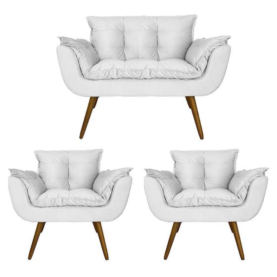 Imagem de Conjunto Namoradeira e 2 Poltronas Estofadas Hall de Entrada Opala Suede Branco - DL Decor