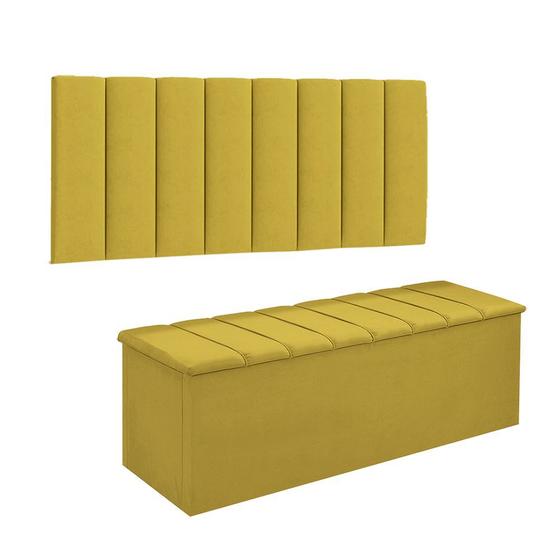 Imagem de Conjunto Painel E Calçadeira Cancun Para Cama Box Solteiro 90 cm Suede Amarelo - DL Decor