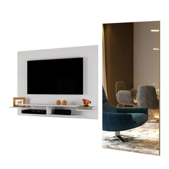 Imagem de Conjunto Painel para Tv até 55 Polegadas com Prateleiras Vitória e Espelho 180x90cm Retangular Branco