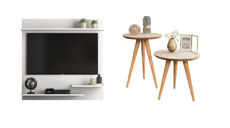 Imagem de Conjunto Painel Tv Sala/Quarto Até 32 Polegadas Smart Plus Madri + Conjunto de Mesas Apoio e Lateral