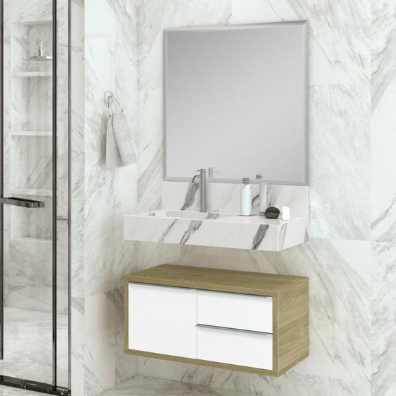 Imagem de Conjunto para Banheiro 1 Espelho Bisotê 1 Gabinete Suspenso Pró 1 Bancada em Porcelanato Pró Bumi