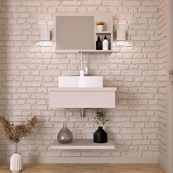 Imagem de Conjunto para Banheiro Bancada com Cuba Aria 41 Retangular, Prateleira e Espelheira City 606 Branco Chess