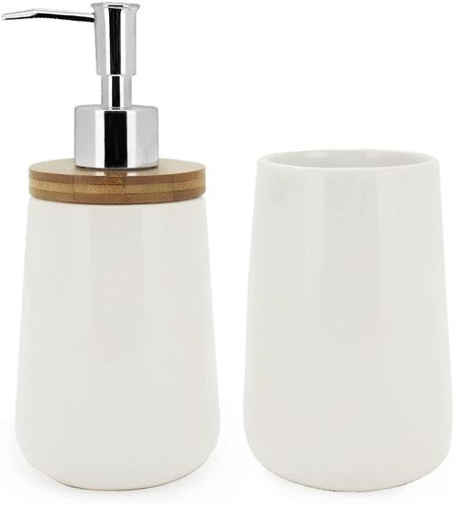 Imagem de Conjunto Para Banheiro Branco Com Bambu 2 Peças Lavabo e Porta Escova - Mimo