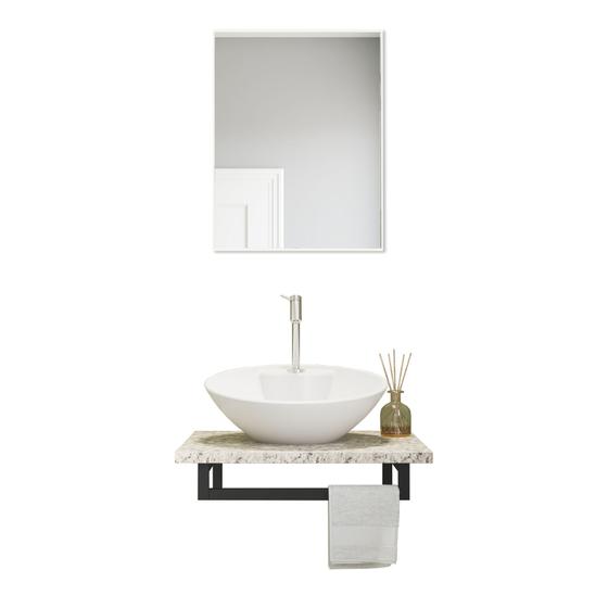 Imagem de Conjunto para banheiro com cuba branca redonda tampo em granito espelheira suporte para toalha