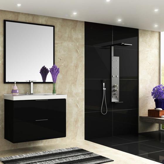 Imagem de Conjunto para Banheiro com Espelheira e Gabinete com Lavatório Pietra 80cm - Bosi - Branco/Preto Brilho