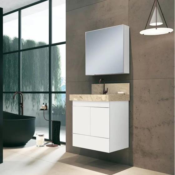 Imagem de Conjunto para Banheiro com Espelheira Gabinete Lavatório em Porcelanato com Cuba Esculpida 60cm