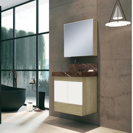 Imagem de Conjunto para Banheiro com Espelheira, Gabinete, Lavatório em Porcelanato com Cuba Esculpida