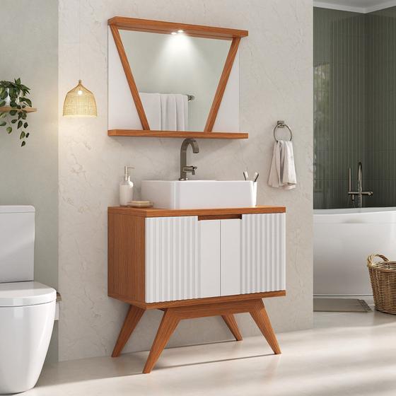 Imagem de Conjunto para Banheiro Completo com Gabinete Madeira Maciça Cuba Sobrepor e Espelho com LED - Linha ÔNIX 80cm