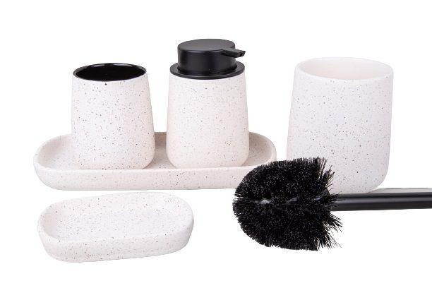 Imagem de Conjunto para Banheiro em Cerâmica luxo 5 peças Porta Sabonete Líquido/Escova/Bandeja/Saboneteira e Escova Sanitária