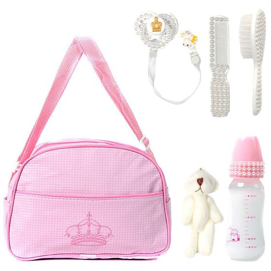 Imagem de Conjunto para Bebê Reborn com Pentinho, Escova e Bolsa Maternidade Rosa com Chupeta