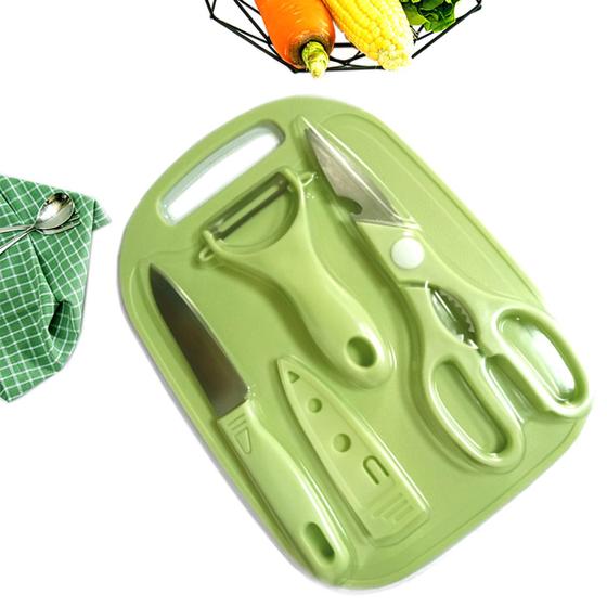 Imagem de Conjunto Para Cozinha Tábua Faca Descascador Tesoura 4 Peças