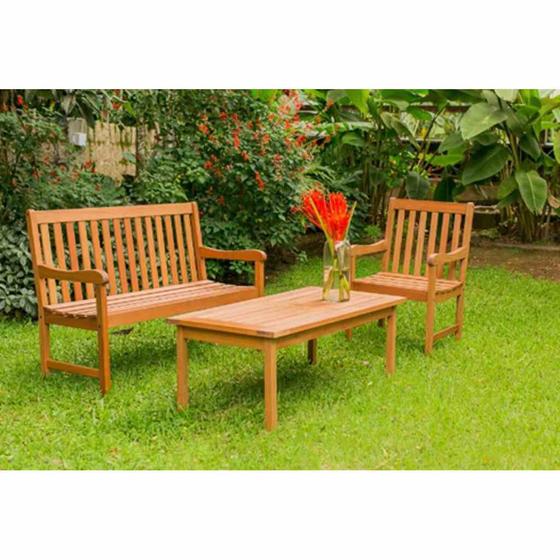 Conjunto para Jardim com Mesa de Centro de 120x60cm, Banco de 156cm e Poltrona de 56cm em Madeira Maciça Stain Nogueira Menor preço em Conjunto para Jardim com Mesa de Centro de 120x60cm, Banco de 156cm e Poltrona de 56cm em Madeira Maciça Stain Nogueira