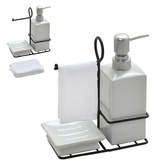 Imagem de Conjunto Para Lavabo 4 Pecas Branco Com Tampa Prata 18cm